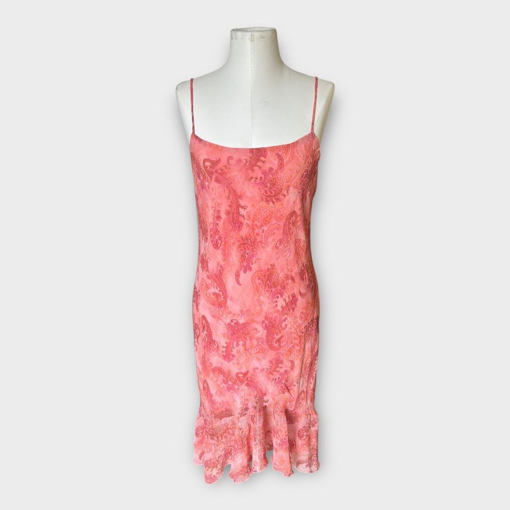 Vintage 90s Y2K City Triangles Ruffled Slip Dress Pink Paisley Women's 11 Fairy